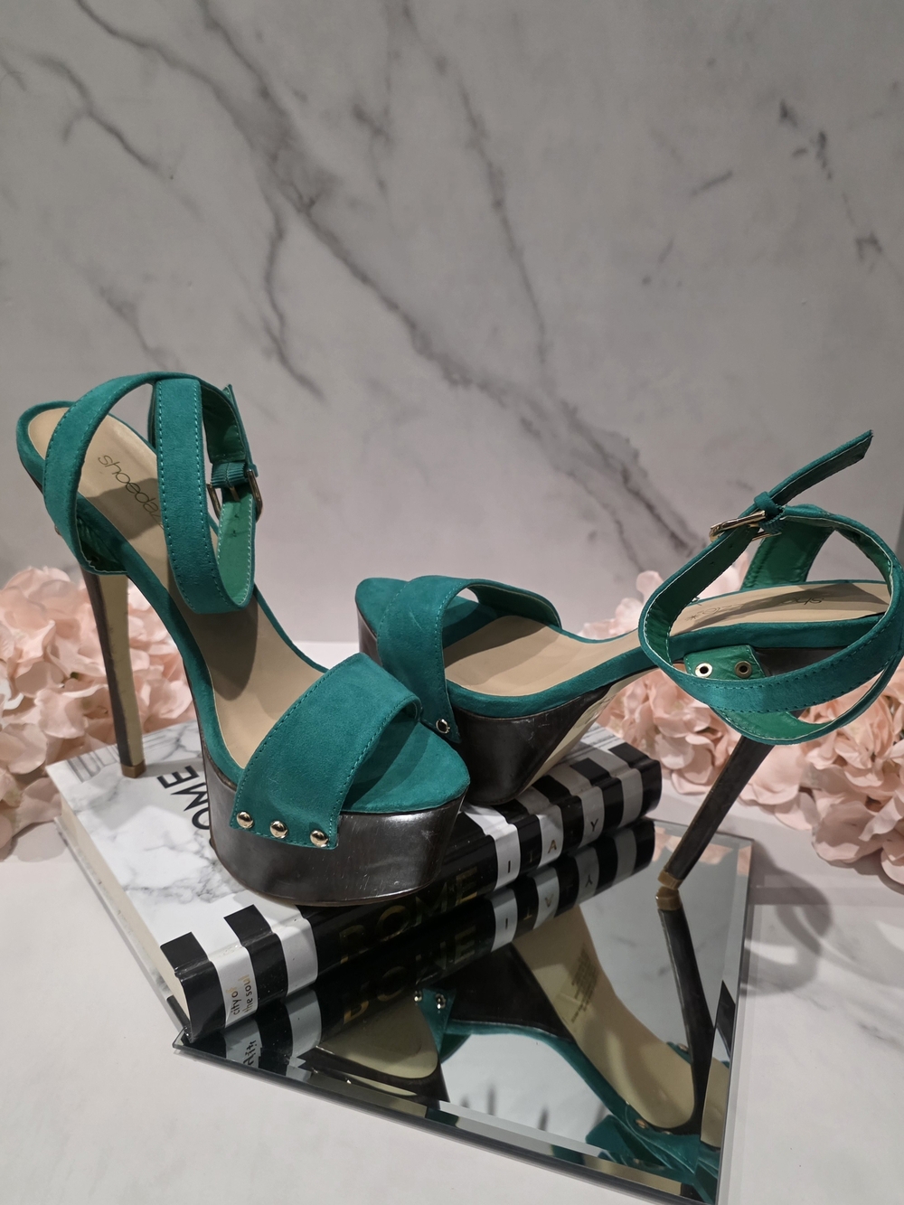 Shoe Dazzle - Teal Suede Platform Ankle-Strap Heels
